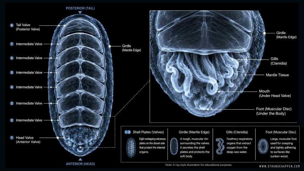 Ferreiraella Populi Anatomy Diagram: Shell Plates, Gills, and Foot Explained Labeled anatomy diagram of Ferreiraella populi showing its eight shell plates, girdle, gills, radula, and foot