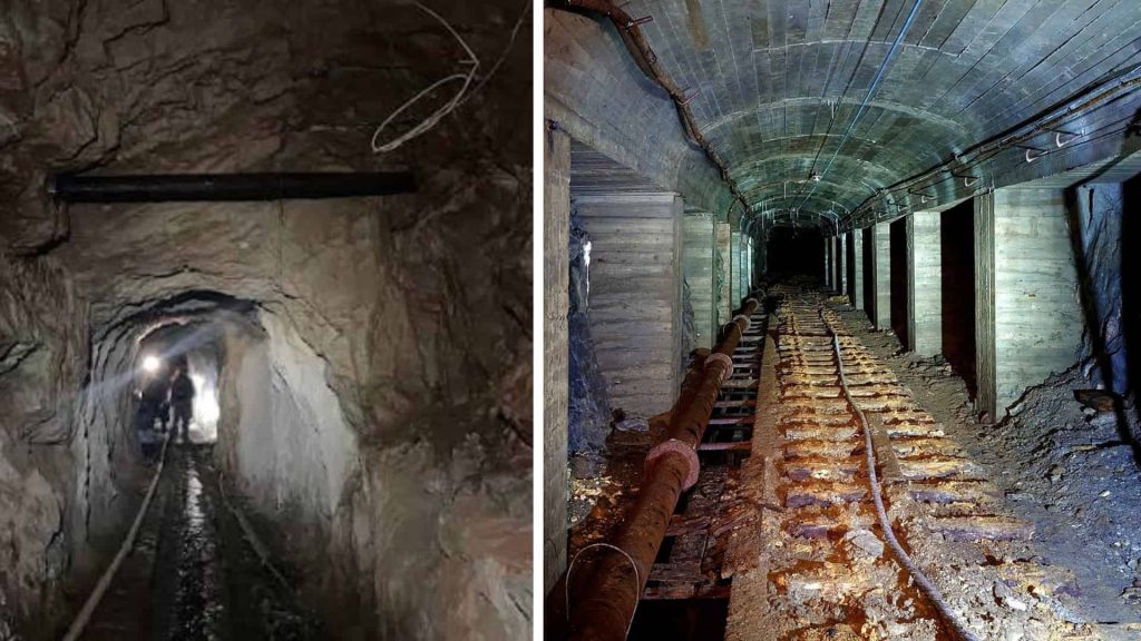 Flooded Bell Island Iron Ore Mine Tunnel in Newfoundland Flooded Bell Island iron ore mine tunnel beneath Newfoundland, showing the abandoned underground railway and historic mining passages