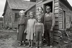 A black and white photograph of the Fowler Clan, a Depression era family of five standing with somber expressions outside their rustic, weathered wooden clapboard farmhouse. The scene captures the Fowler Clan in simple, time worn clothing against a backdrop of firewood and a rusted water pump under an overcast sky in a barren rural landscape.