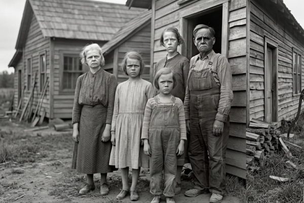 A black and white photograph of the Fowler Clan, a Depression era family of five standing with somber expressions outside their rustic, weathered wooden clapboard farmhouse. The scene captures the Fowler Clan in simple, time worn clothing against a backdrop of firewood and a rusted water pump under an overcast sky in a barren rural landscape.