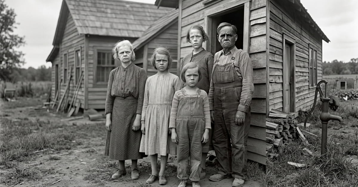 A black and white photograph of the Fowler Clan, a Depression era family of five standing with somber expressions outside their rustic, weathered wooden clapboard farmhouse. The scene captures the Fowler Clan in simple, time worn clothing against a backdrop of firewood and a rusted water pump under an overcast sky in a barren rural landscape.