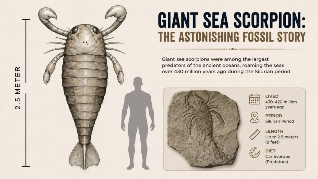 Giant Sea Scorpion: The Astonishing Fossil Story Giant sea scorpion fossil reconstruction shown beside a human silhouette for size comparison