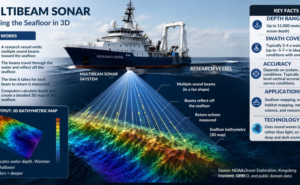 How much of the ocean has been explored using multibeam sonar to map the seafloor