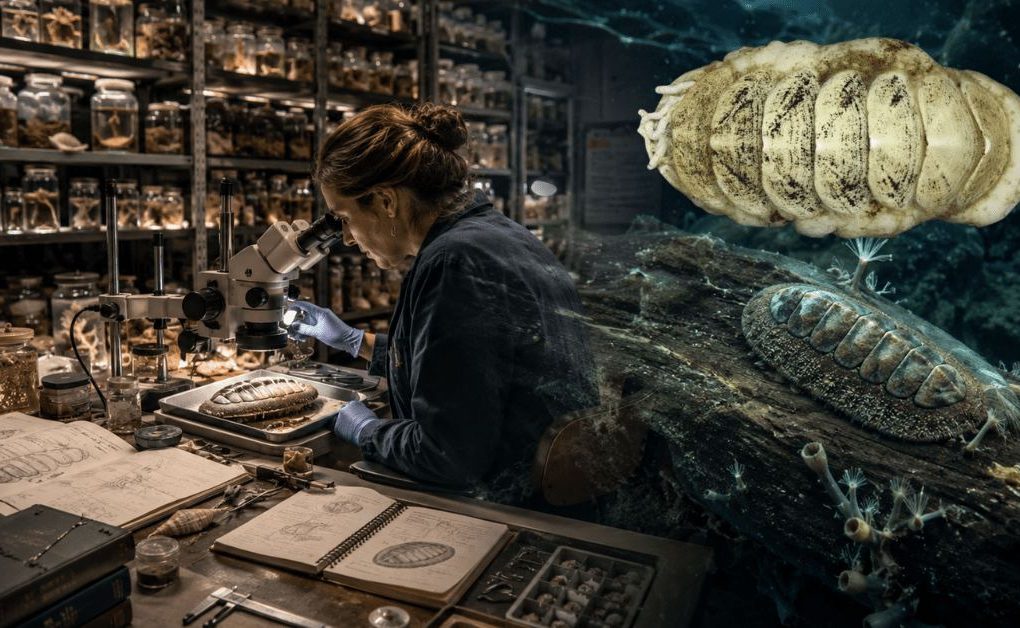 AI-generated illustration of a marine taxonomist examining a deep-sea mollusk specimen while studying how scientists name a new species using museum collections and scientific research.