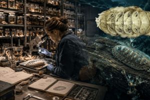 AI-generated illustration of a marine taxonomist examining a deep-sea mollusk specimen while studying how scientists name a new species using museum collections and scientific research.