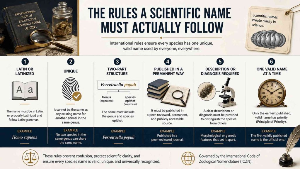 How Scientists Name a New Species: The Rules Every Scientific Name Must Follow Infographic explaining how scientists name a new species by following international rules, including Latinized names, binomial structure, uniqueness, scientific publication, species description, and naming priority.