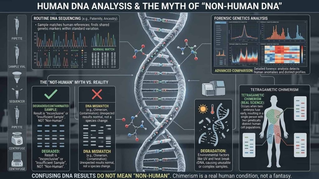 Human DNA Analysis & The Myth of “Non-Human DNA”: Decoding Real Science vs. Viral Misinformation A complex, professional infographic with a large central DNA double helix, surrounding by diagrams and charts illustrating concepts of routine sequencing, forensics, chimerism, and DNA degradation. Text sections explain that confusing results are often from degradation or chimerism, not "non-human DNA," with a final footer reading, “CONFUSING DNA RESULTS DO NOT MEAN 'NON-HUMAN'. Chimerism is a real human condition, not a fantasy.”