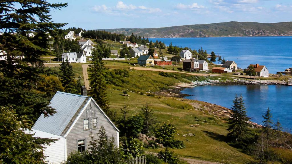 Lance Cove, Bell Island, Newfoundland and Conception Bay Color-enhanced historical visualization of Lance Cove on Bell Island, Newfoundland, overlooking Conception Bay and the surrounding coastal landscape