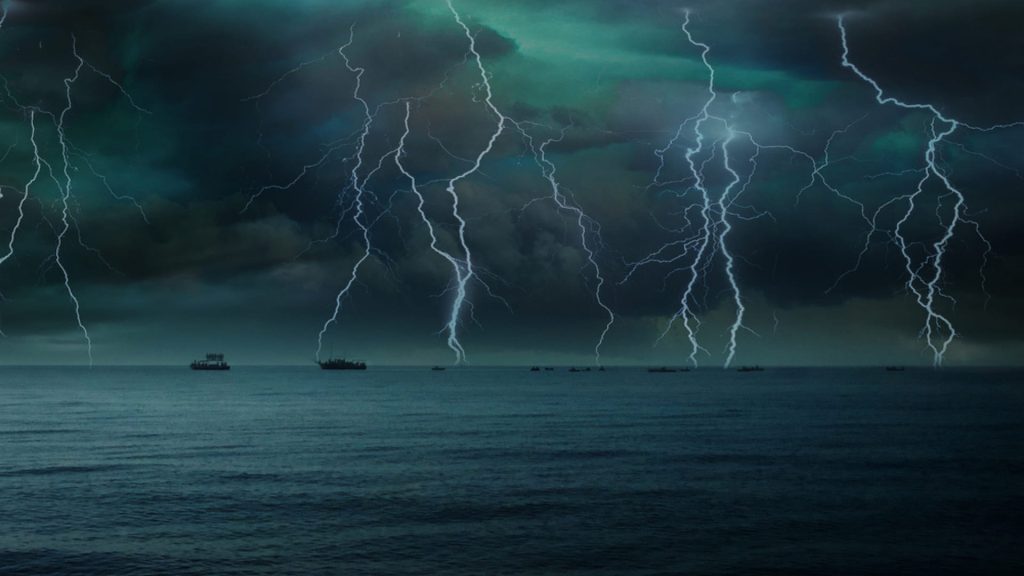 Lightning Superbolt Striking Over Open Ocean Illustration of a powerful lightning superbolt striking over the open ocean, representing the rare atmospheric phenomenon linked to the Bell Island Boom