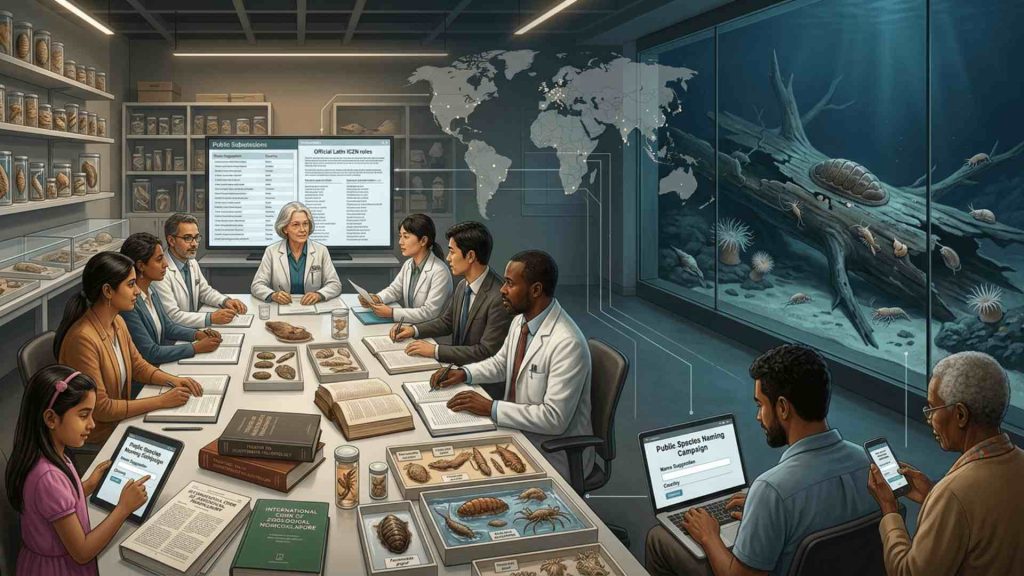 How Scientists Name a New Species Through a Public Naming Contest How scientists name a new species: a taxonomist review panel filtering thousands of public name submissions for a newly discovered deep-sea chiton, with a live tank showing the specimen on sunken wood and a global map tracking entries.
