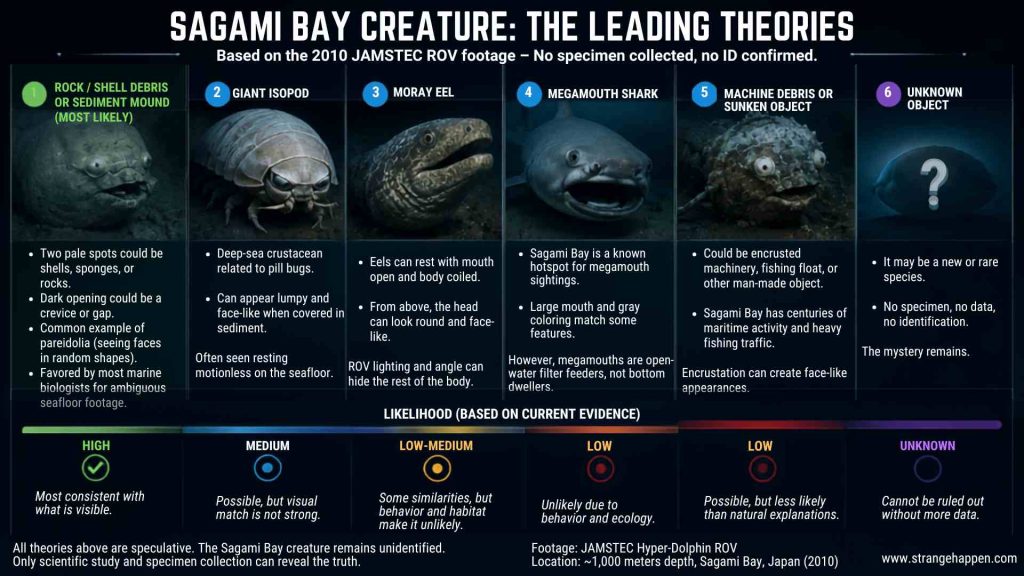 Infographic comparing the leading scientific theories about the unidentified Sagami Bay creature, including rock formation, giant isopod, moray eel, megamouth shark, marine debris, and an unknown organism.