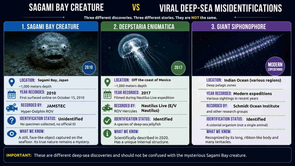 Comparison infographic showing the mysterious Sagami Bay creature alongside Deepstaria enigmatica and a giant siphonophore to explain why they are different deep-sea discoveries.