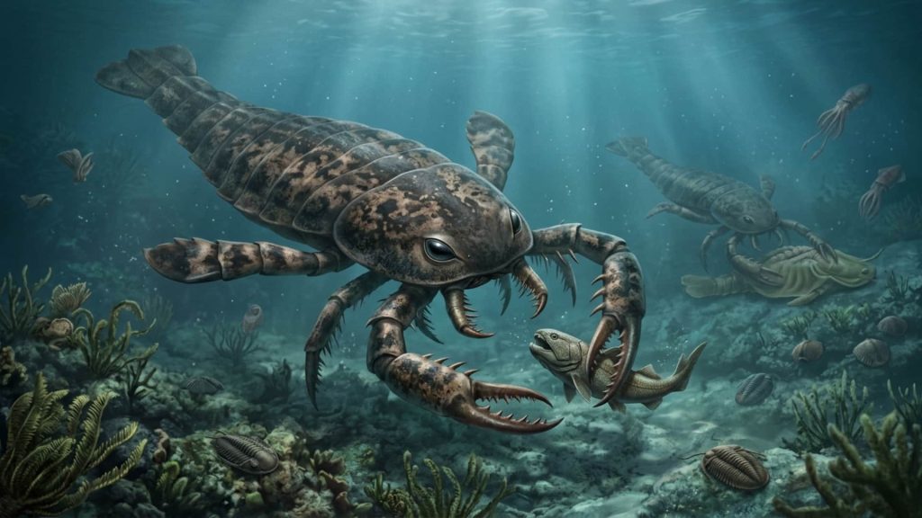 Silurian Eurypterid Hunting and Cannibalism Paleoart Reconstruction A giant pterygotid sea scorpion capturing a primitive armored fish in a Silurian ocean while another eurypterid preys on a soft-shelled molted individual in the background.