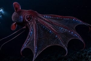 Vampire squid facts illustration showing Vampyroteuthis infernalis glowing with bioluminescence in its natural deep-sea oxygen minimum zone habitat.