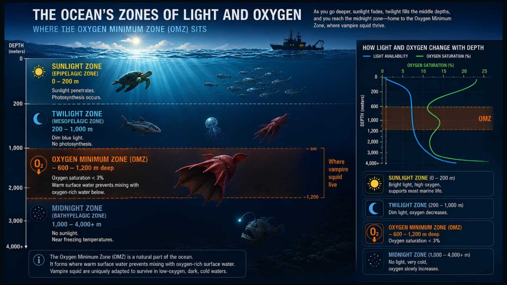 Vampire squid facts diagram showing the ocean's sunlight, twilight, and midnight zones with the oxygen minimum zone where vampire squid live.
