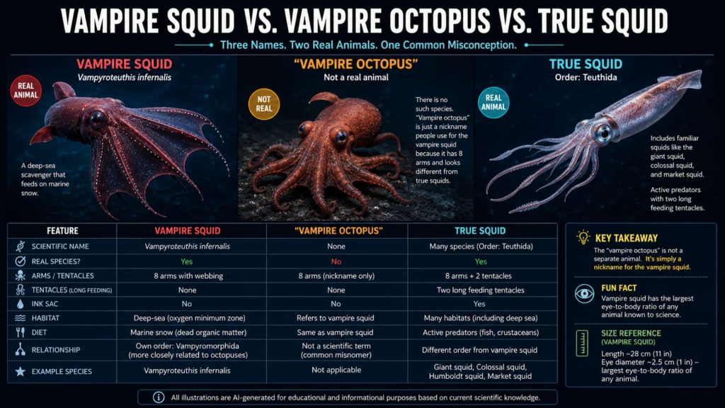 Vampire Squid Facts infographic comparing the vampire squid, the nickname "vampire octopus," and true squid, highlighting their anatomy, habitat, scientific classification, and key differences.