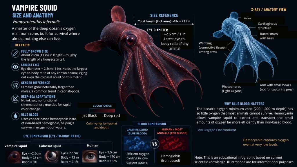 Vampire squid facts infographic showing the size, anatomy, eye-to-body ratio, bioluminescent organs, and deep-sea adaptations of Vampyroteuthis infernalis.