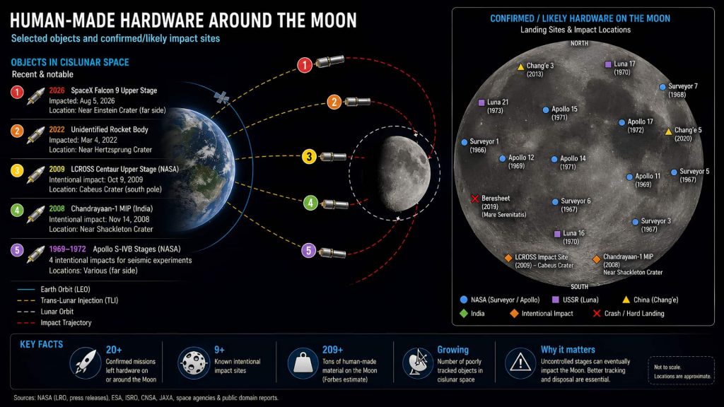 Why Did a SpaceX Rocket Crash Into the Moon? Human-Made Hardware Why did a SpaceX rocket crash into the Moon? Map showing human-made hardware and confirmed or likely impact sites around the Moon
