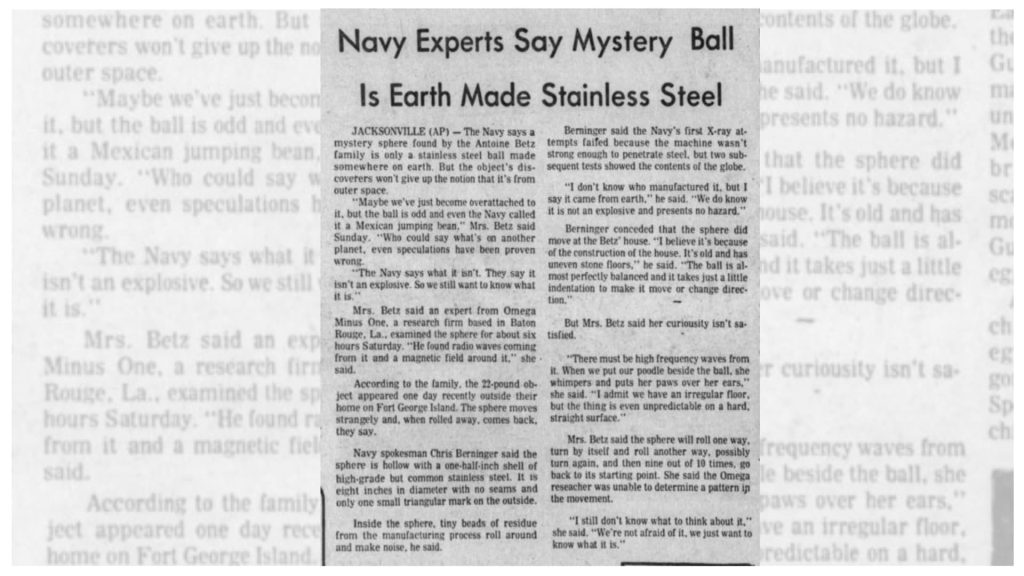 Betz Sphere Newspaper Report Navy Says Stainless Steel Betz Sphere newspaper report stating Navy experts identified it as stainless steel