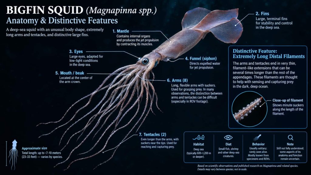 Bigfin squid (Magnapinna) showing its mantle, fins, arms and long distal filaments
