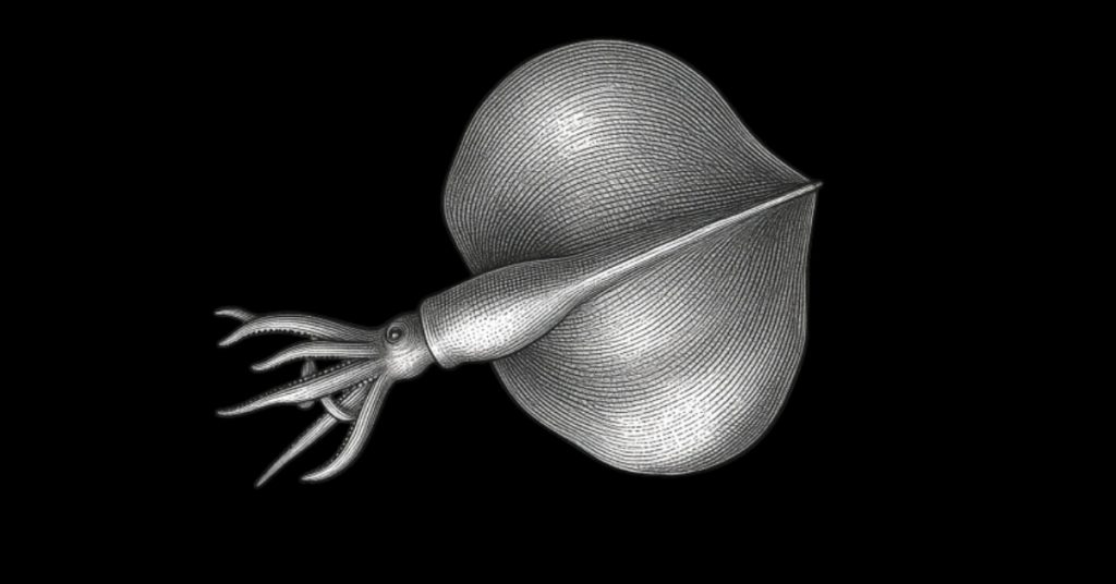 Bigfin Squid (Magnapinna) Deep-Sea Illustration Black and white illustration of a bigfin squid (Magnapinna) with long thread-like arms and large fins