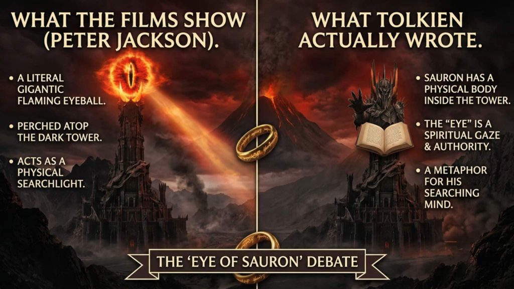 The Eye of Sauron: Films vs. Books An infographic split in two. Left (Films) shows the huge flaming eye on top of Barad-dûr with bullet points. Right (Books) shows Sauron as a full armored figure with different bullet points.