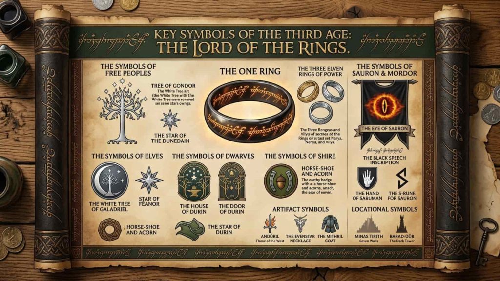Key Symbols of The Lord of the Rings & Middle-earth An unfurled ancient parchment scroll displaying iconic Lord of the Rings symbols, including the White Tree of Gondor, the One Ring, Elven Rings, and the Eye of Sauron.