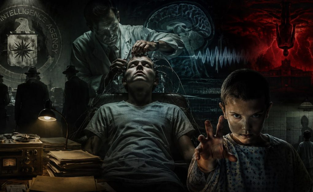 Project MKUltra CIA mind control experiments shown alongside imagery inspired by Stranger Things