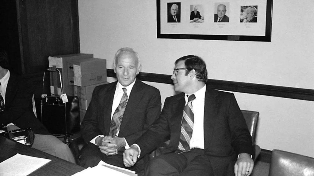 Sidney Gottlieb speaks with attorney Terry Lenzner before his Senate testimony on MKUltra in September 1977