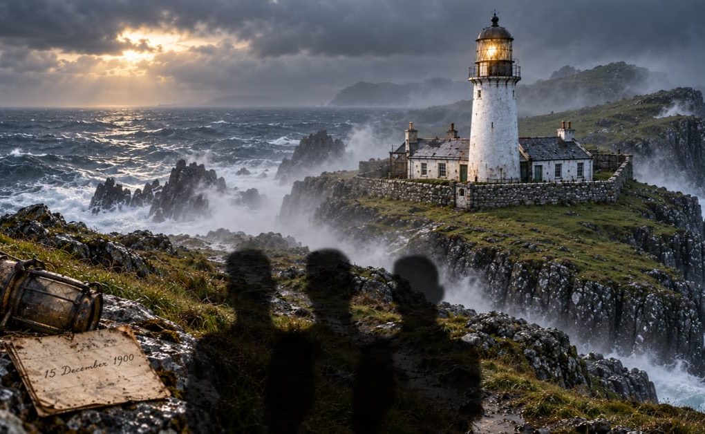 Artistic depiction of Flannan Isles Lighthouse amid rough seas, with three shadowy figures and a page dated 15 December 1900.