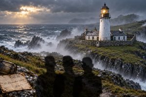 Artistic depiction of Flannan Isles Lighthouse amid rough seas, with three shadowy figures and a page dated 15 December 1900.