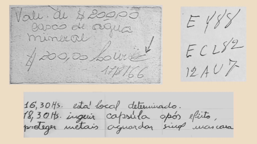 Lead Masks Case Note, Water Bottle Receipt and Handwritten Codes Lead Masks Case documents showing the water bottle receipt, handwritten instructions, and electronic component codes.