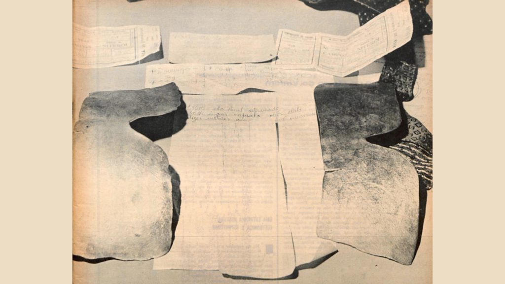 Lead Masks Case Evidence: Notes, Receipt and Bus Tickets Paper notes, receipt, bus tickets and lead masks associated with the 1966 Lead Masks Case.