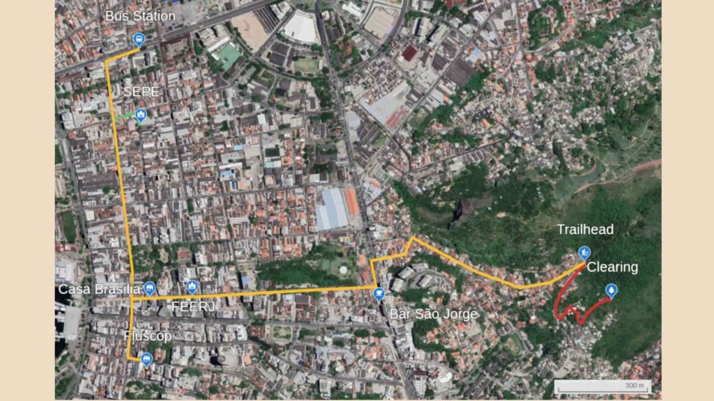 Lead Masks Case Route Map in Niterรณi, Brazil Satellite map showing the reported route from the bus station past Bar Sรฃo Jorge toward the clearing on Morro do Vintรฉm in Niterรณi, Brazil.