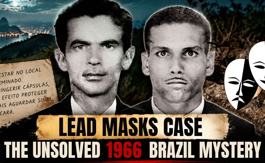 Two men associated with the 1966 Lead Masks Case, shown with lead plates and a handwritten note in a historical mystery illustration.