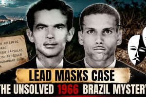 Two men associated with the 1966 Lead Masks Case, shown with lead plates and a handwritten note in a historical mystery illustration.