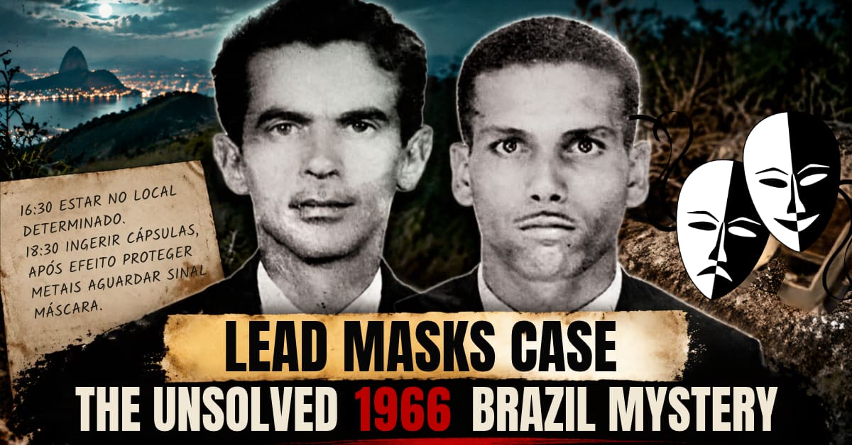 Two men associated with the 1966 Lead Masks Case, shown with lead plates and a handwritten note in a historical mystery illustration.