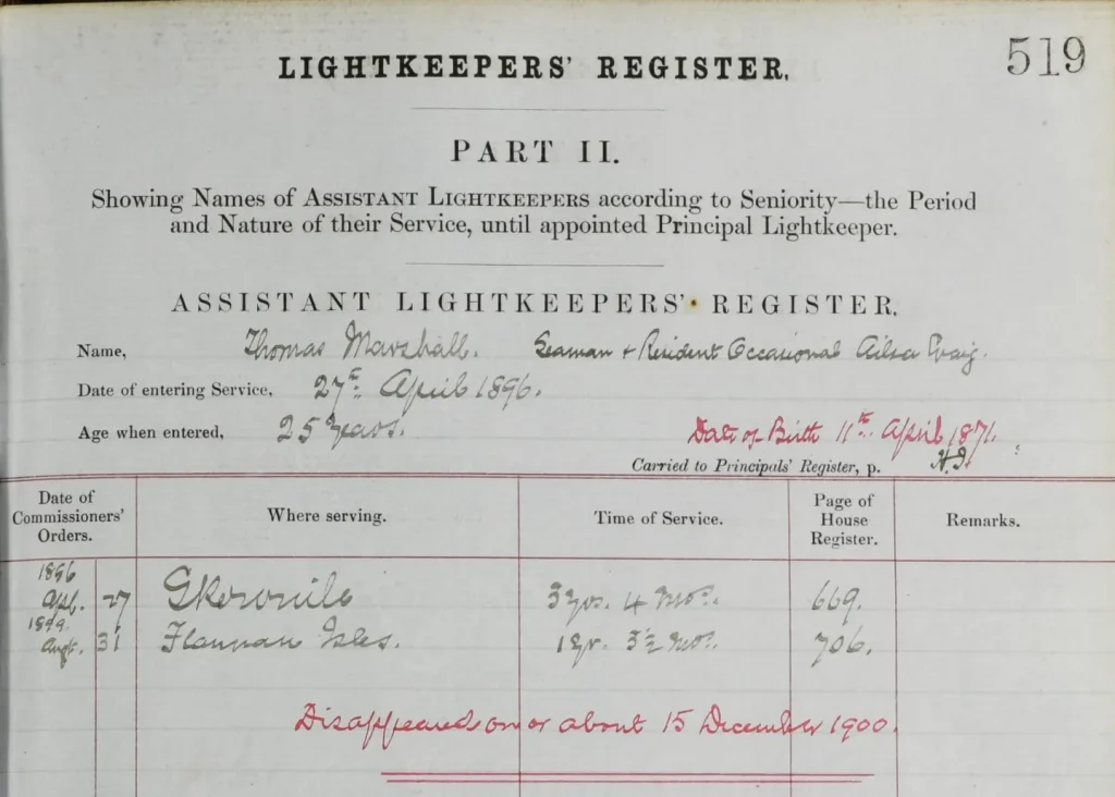Thomas Marshall’s lightkeeper register entry with a red handwritten note stating he disappeared on or about 15 December 1900.
