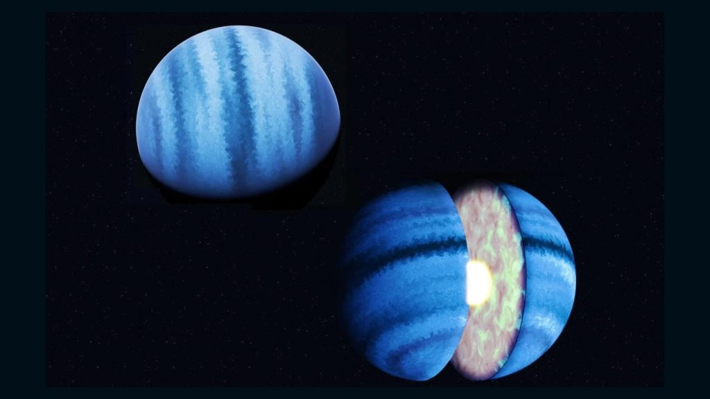 Artist's impression of the interior of WASP-107b, a low-density exoplanet with an unusually inflated atmosphere.