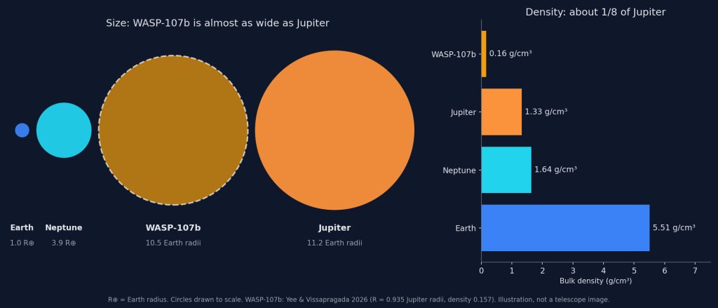 Size and bulk density comparison of WASP-107b, Jupiter, Neptune and Earth, highlighting WASP-107b's large radius and low density.