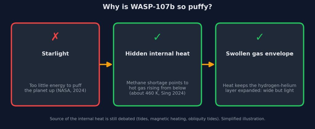 Diagram explaining how excess internal heat helps keep WASP-107b's hydrogen and helium atmosphere expanded.
